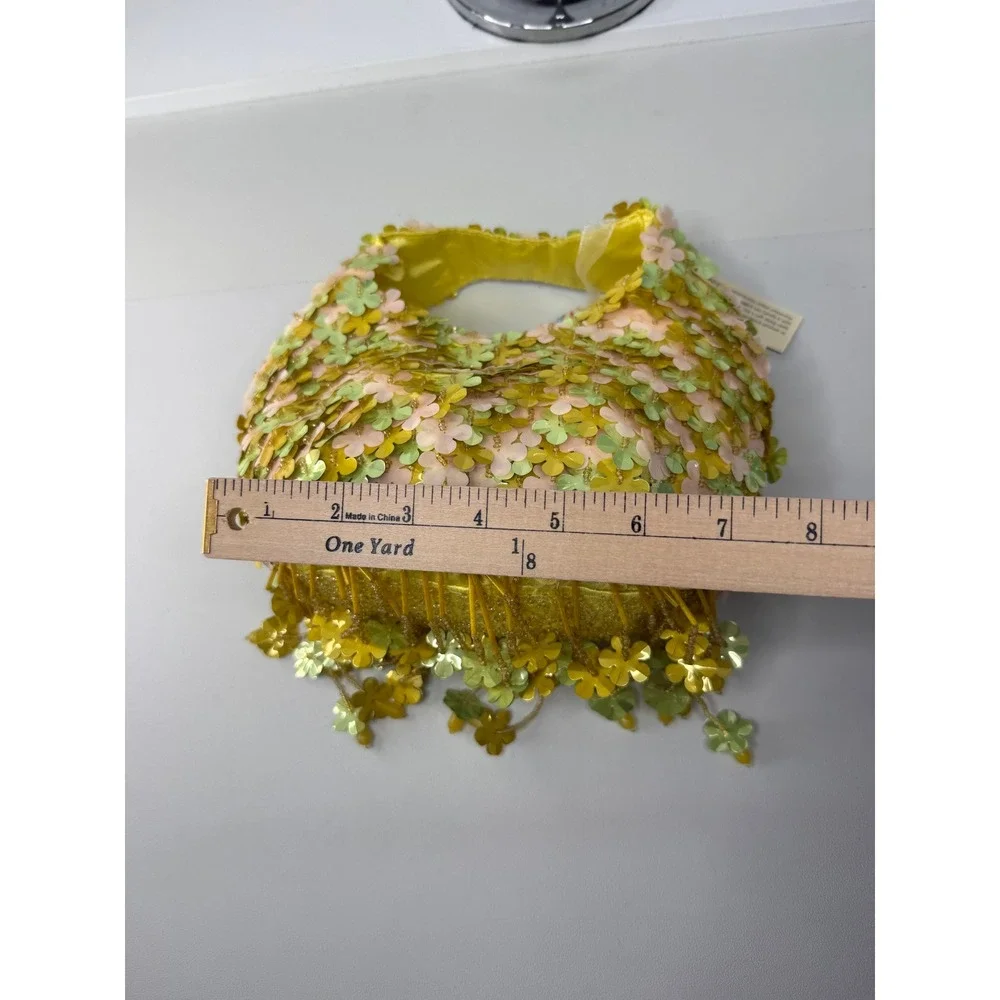 Handcrafted India‎ Floral Sequin Beaded Small Hobo Bag Yellow Green Pink NEW